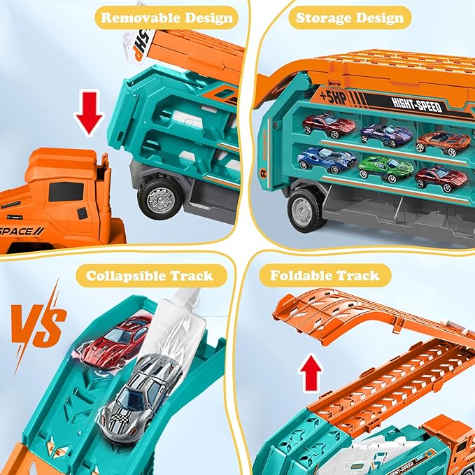 Toddler Car Truck Toys,Car Carrier Truck Toy for Kids Age 3-5 4-8,Foldable Car Track Sets with 2.8-Ft Race Track and 6 Die-Cast Race Cars, Truck Toys Gifts for 3 4 5 6 7 8+ Year Old Boys Girls(orange)