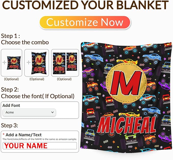 Boys Blankets, Personalized Truck Blanket with Initial Monogram for Kids Toddlers, Cute Car Throws Blanket Gift, Soft Cozy Flannel Throw for Sofa Bed Couch Decor