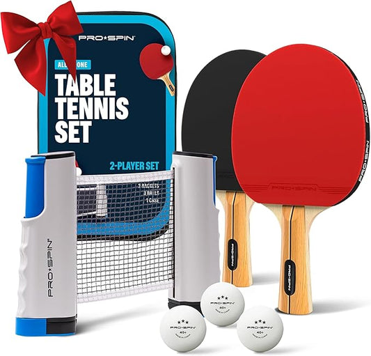 PRO-SPIN Portable Ping Pong Set with Retractable Ping Pong Net for Any Table, All-in-One Table Tennis Set with Ping Pong Paddles, Balls & Case, Table Top Family Game