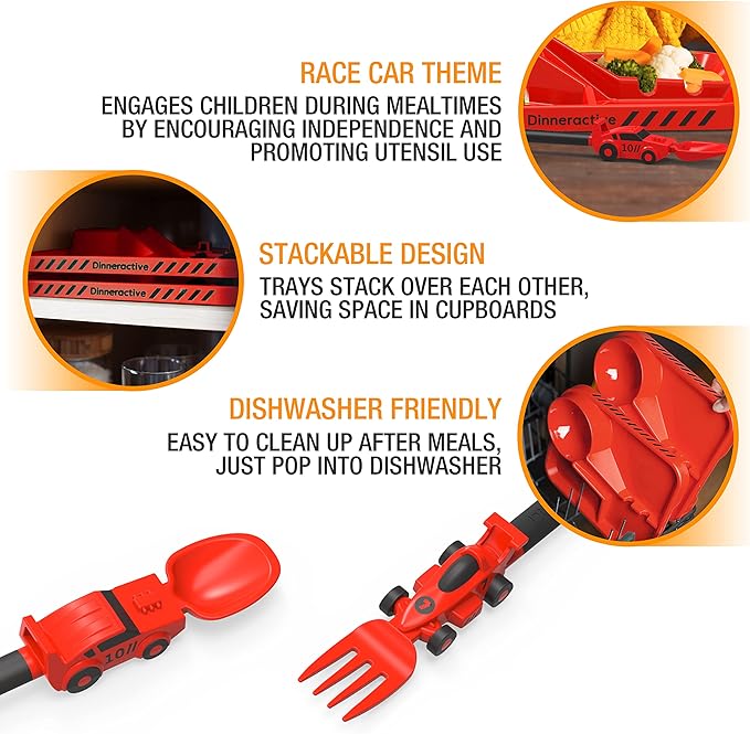 Dinneractive Dining Set for Kids - 3PC Red Race Car Dinnerware - Race Car Utensils - Toddler Plates - Baby Dishes
