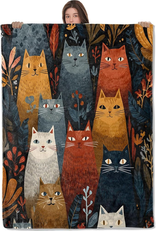 Abstract Cat Blanket,Colorful Kitten and Plant Art Fleece Blankets,Soft Warm Decorative Throw for Couch,Bedroom,Travel,Camping,Practical Throws Gifts for Kids Adults Pet Lovers,50X60 Inch