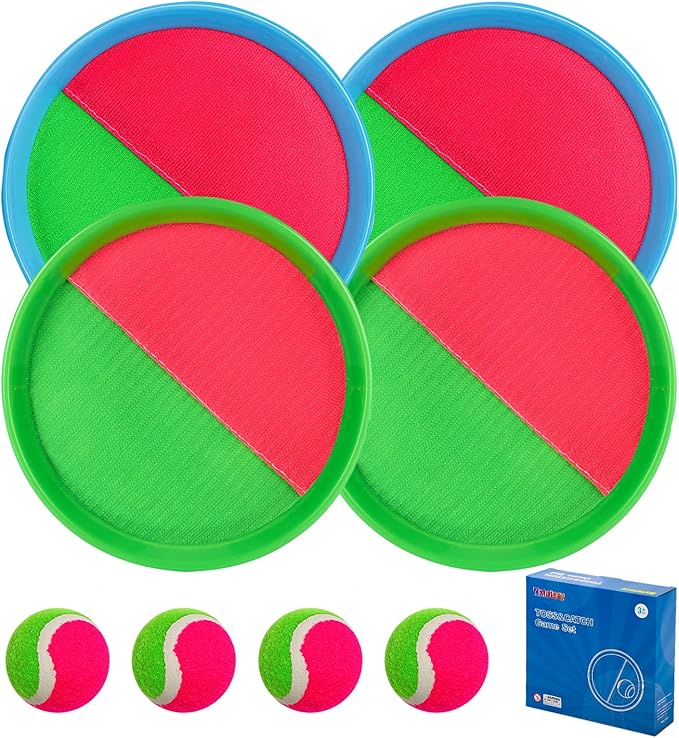 Toss and Catch Game Set,Ball Catch Set, Outdoor Beach Games for Playground Balls Summer Toy for Ages 4-8, Outside for Kids Boys Girl 4 Mitts & 4 Balls