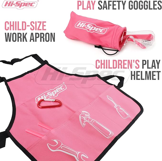 Hi-Spec 18pc Pink Kids Tool Kit Set & Child Size Tool Bag. Real Kit for DIY Building, Woodwork & Construction