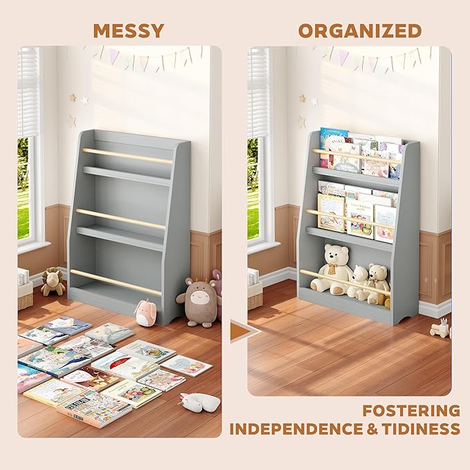 Kids Bookshelf, 3-Tier Montessori Book Shelf Organizer for Books and Toys, Toddler Bookshelf for Bedroom, Living Room, Playroom, Classroom, Nursery - Gray
