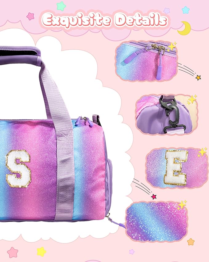 Girls Trip Gifts for Kids-Girl Gym Bag with Shoe Compartment, Kid Personalized Weekender Overnight Bags, Initial Travel Tote with Makeup Pouch, Valentines Day Gift for Girls (Letter R)