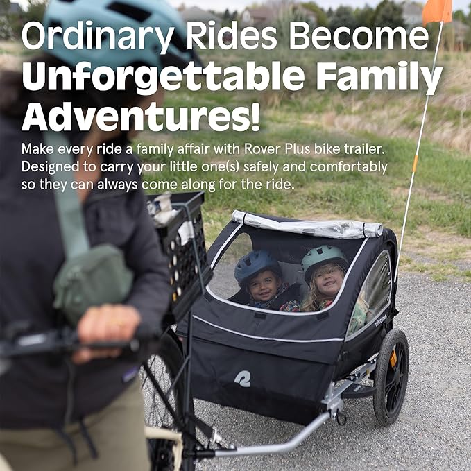 Retrospec Rover Plus Foldable Bike Trailer for Kids, Single/Double Passenger Child Bike Trailer with 5-Point Safety Harness, Reflective, Weather-Resistant Fabric and Safety Flag - Supports 40-80 lbs