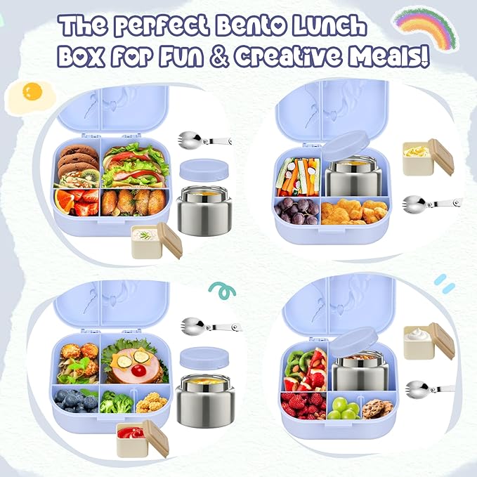 Kids Lunch Box Set -12oz Insulated Food Jar, Thermal Bag,Leakproof Lunch Food Containers Cutlery (BPA Free)-Gift for Girls/Boys Age 3-10(Blue)