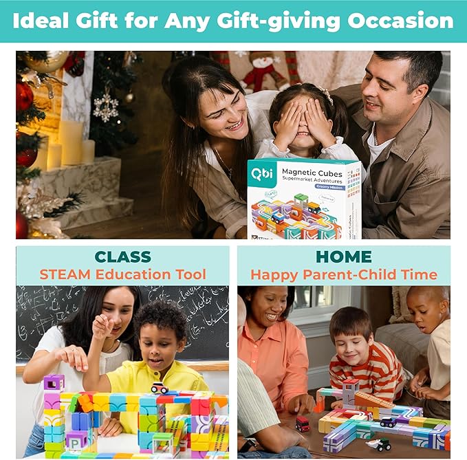 QBI Magnetic Blocks for Toddlers Ages 2-4｜STEM Magnetic Building Blocks with Trucks & Fruit Tiles｜Montessori Magnet Building Cubes for Kids｜Educational Gifts for Boys & Girls Ages 2+ (32PCS)