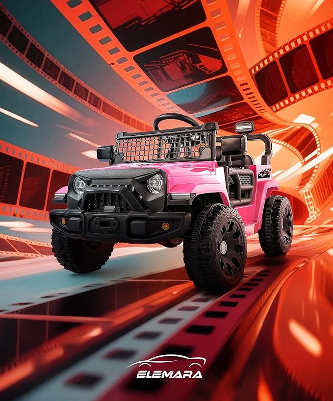 ELEMARA Kids Ride on Car, 12V Ride on Toys w/Remote, Electric Cars for Kid w/Bluetooth, LED Lights, Battery Car for Toddlers, Battery Powered Off-Road Vehicle w/Shock Absorbers, Kids Driving Car-Pink