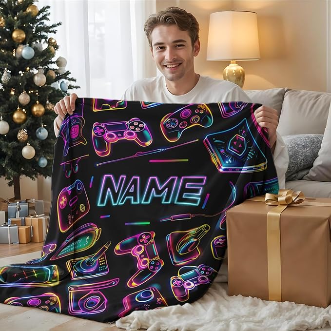 Custom with Name Kids Blanket - 50x40 Inches Small Gamer Gifts for Boys 8-12, Black Soft Cozy Blankets for Couch, Sofa - Personalized Gamer Themed Stuff Throws Gifts for Gaming Lovers