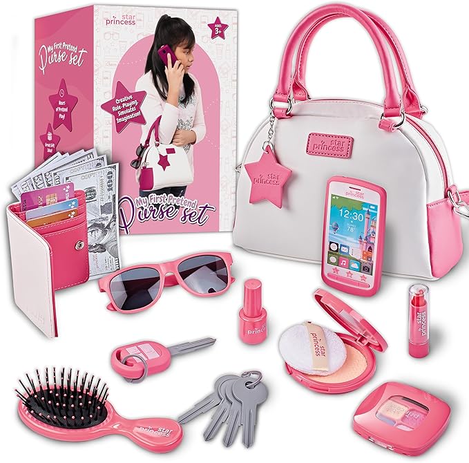 Star Princess Pretend Play Purse Set for Girls - Realistic Purse with Accessories: Toy Phone, Wallet, Credit Cards, Keys, Makeup for Role Playing Toys for Girls Ages 3-8