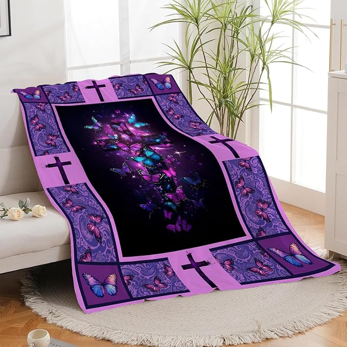 Christian Cross Blanket, Purple Butterfly Throw Blanket, Religious Gifts Blankets Stuff Fleece Flannel Plush for Women Men Boys Girls Lovers Adults Soft Bedding for Sofa Bed Home Decor 60"x50"