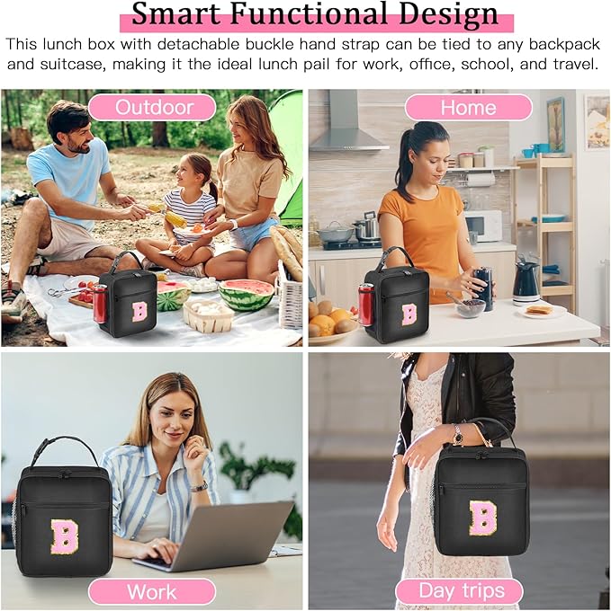 Initial Insulated Lunch Bag, Lunch Box with Initial Letter Patch for Teen Adult, Reusable Lunch Bag for Men Women, Ideal Back to School Gift Birthday Gift, Pink B