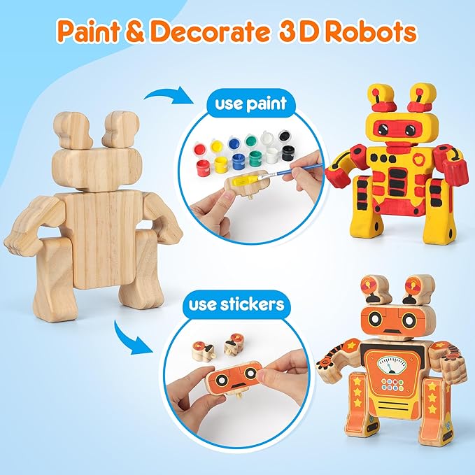 Mocoosy Wooden Robot Painting Art and Craft Kit for Kids Ages 3-5, Build & Decorate Your Own Robots with Paint & Stickers, Wood Robot STEM Game Montessoi Toys Educational Gift for Boys Girls