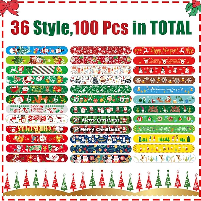100Pcs Christmas Slap Bracelets Bulk, Christmas Toys Party Favors Fidget Toys, Xmas Snap Wristbands for Kids Xmas Gifts, Goodies Stocking Stuffers, Classroom Prizes for Boys Girls