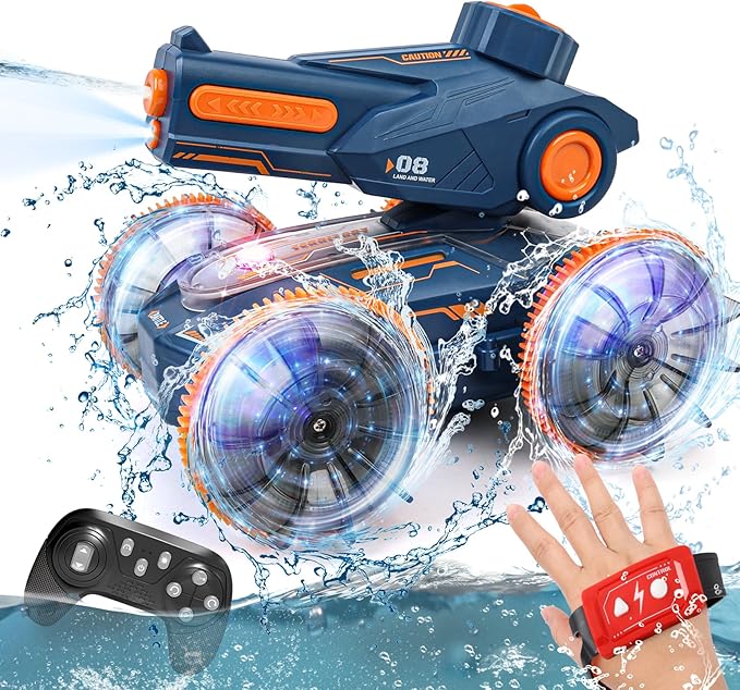 Amphibious Remote Control Car - Stunt Toy for Kids Ages 6-8-12, Water & Land 4WD with Gesture Sensing, Lights, Waterproof, Rotation, Beach & Pool Fun, Idea for Boys