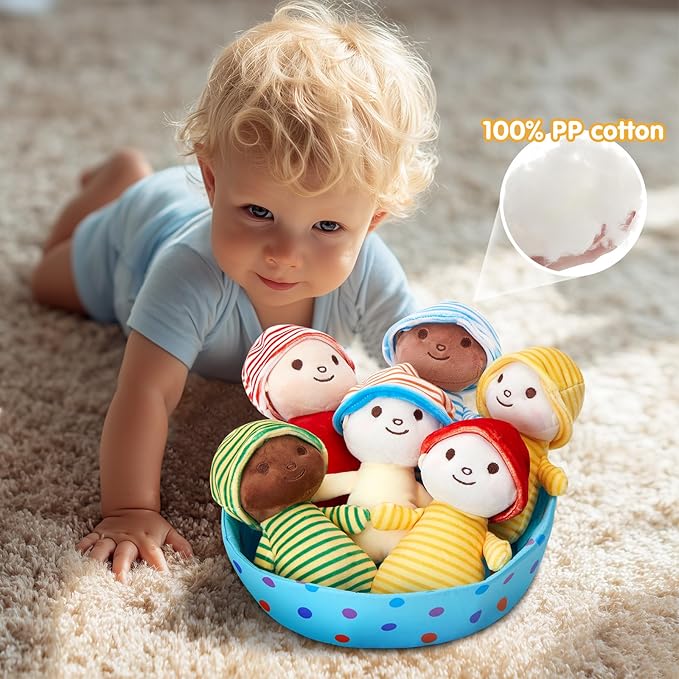 Athoinsu 6.5 Inch Plush Dolls with Basket Set of 6 Soft Dolls with Removable Hats Stuffed Toys for Kids, Toddlers, Boys & Girls