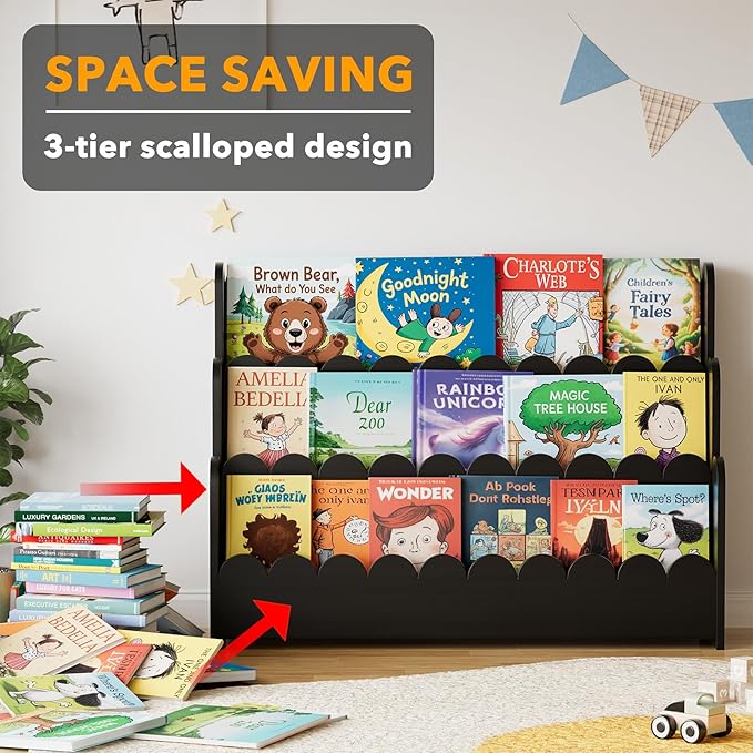 SpaceAid 3-Tier Scalloped Bookshelf, Montessori Bookcase for Toddlers, Wooden Book Shelf Organizer Display Furniture for Kids Rooms, Playroom, Nursery and Classroom, 36.7“ Wide, Black