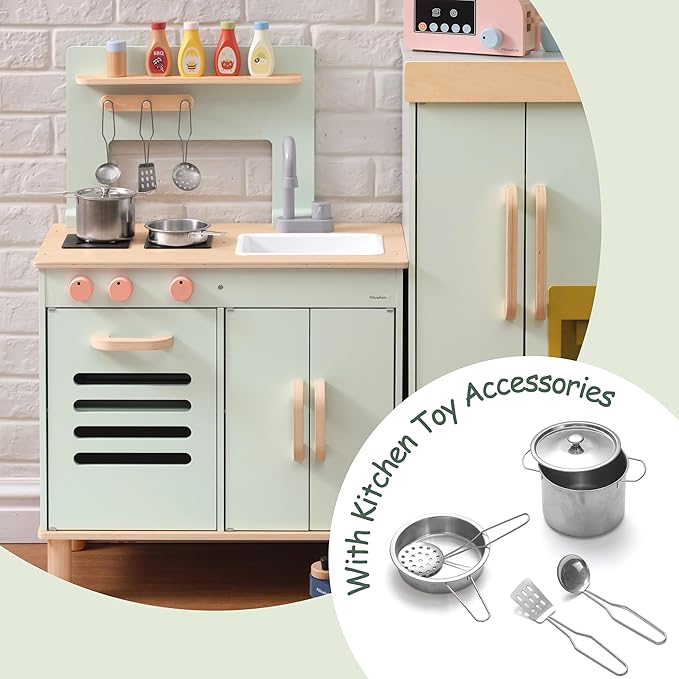 Wooden Play Kitchen Set, Mint Green Stove & Sink with 5 Stainless Steel Tools, Click Knobs, Storage Cabinets, Montessori Toy for Toddlers 3+