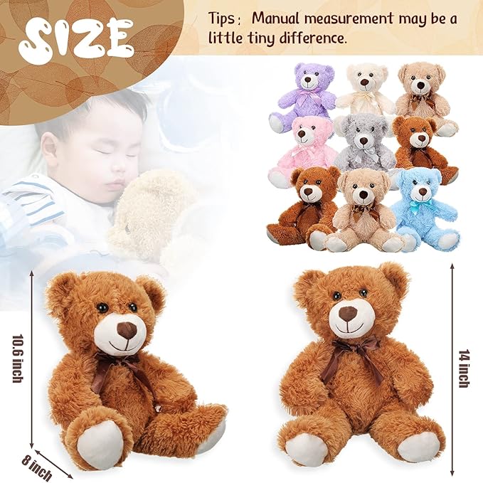 Zhanmai 9 Packs Cute Bear Stuffed Animals 14 Inch Plush Bears in 7 Colors Stuffed Animals Bulk for Valentine Gift Graduation Baby Shower Birthday Party Favor(Multicolor)
