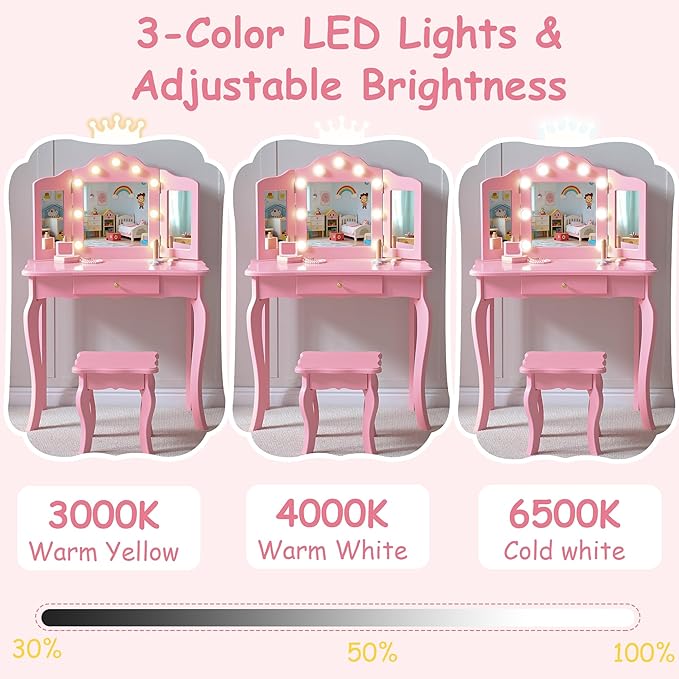 Kids Vanity with Lights, Princess Makeup Vanity Desk with Mirror and Stool, 2 in 1 Wooden Toddler Vanity Table & Chair Set for Little Girls