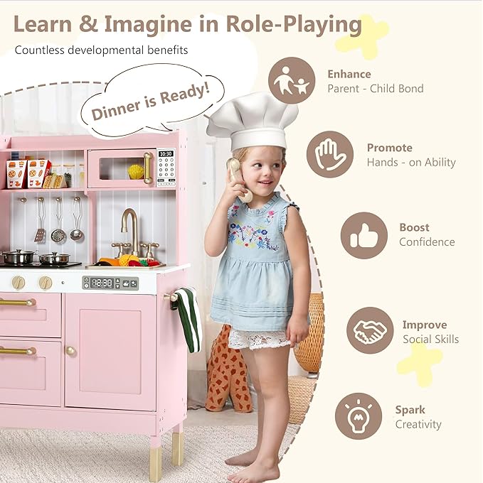 Kinder King Wooden Kids Play Kitchen, Kitchen Playset for Toddler Kid, Play Kitchen Toy Set w/Real Sounds, Pretend Microwave Oven, Ice Maker, Telephone, Gift for Boys Girls Age 3+, Pink