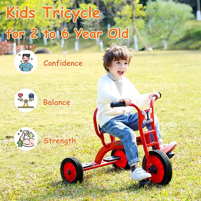 Kids Tricycle for Age 2-6, Big Wheel Kids Trike Bike, Preschool Daycare Outdoor Tricycle with Airless Rubber Tires and Non-Slip Pedals, Gift for Boys and Girls