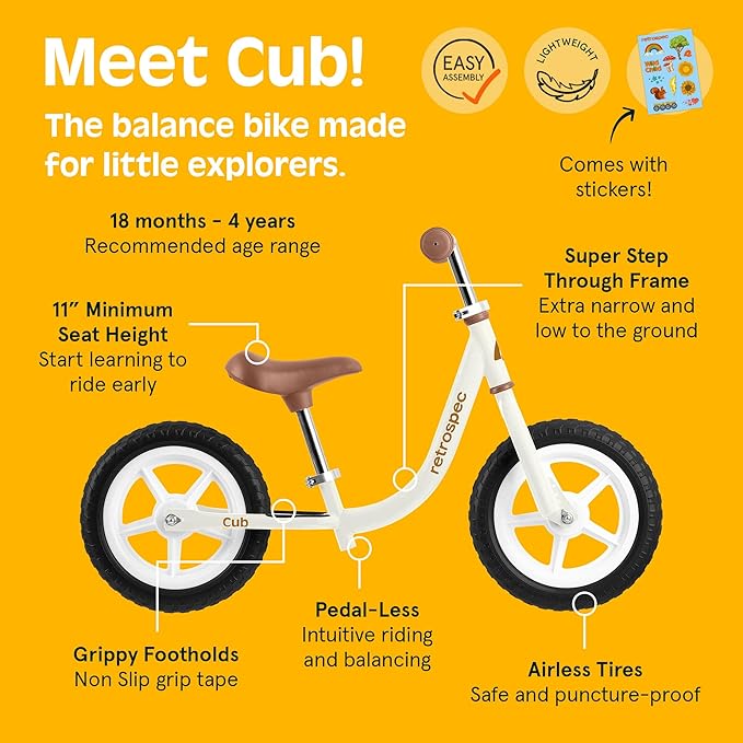 Retrospec Cub Toddler Balance Bike for Ages 18 Months - 3 Years - 12in No-Pedal Beginner Bicycle with Adjustable Seat, Puncture-Proof Tires & Safe Low Frame Design