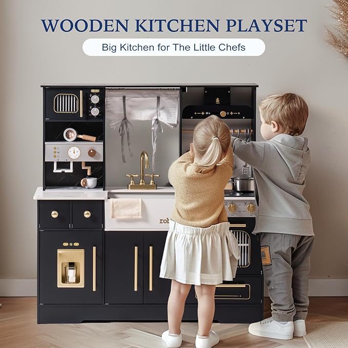 ROBUD Wooden Play Kitchen Set for Kids and Toddlers with Coffee Machine, Ice Maker, Microwave, Oven, Large Cabinet, 12 Accessories, Gift for 3+, Black