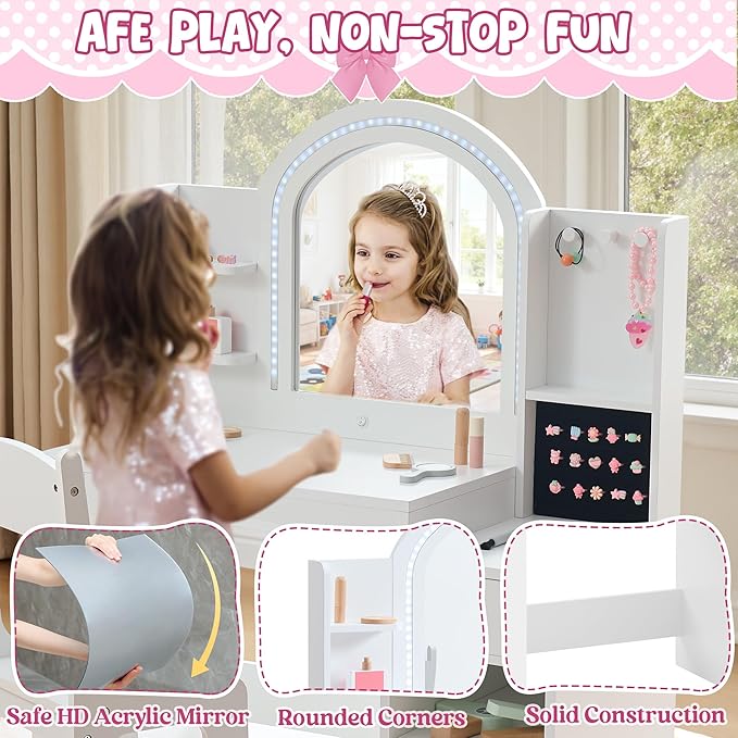 Kids Vanity Set with Lights, 2 in 1 Princess Makeup Vanity Desk with Jewelry Storage, Open Bookshelf, Storage Cabinet & Shelves for Little Girls (White)