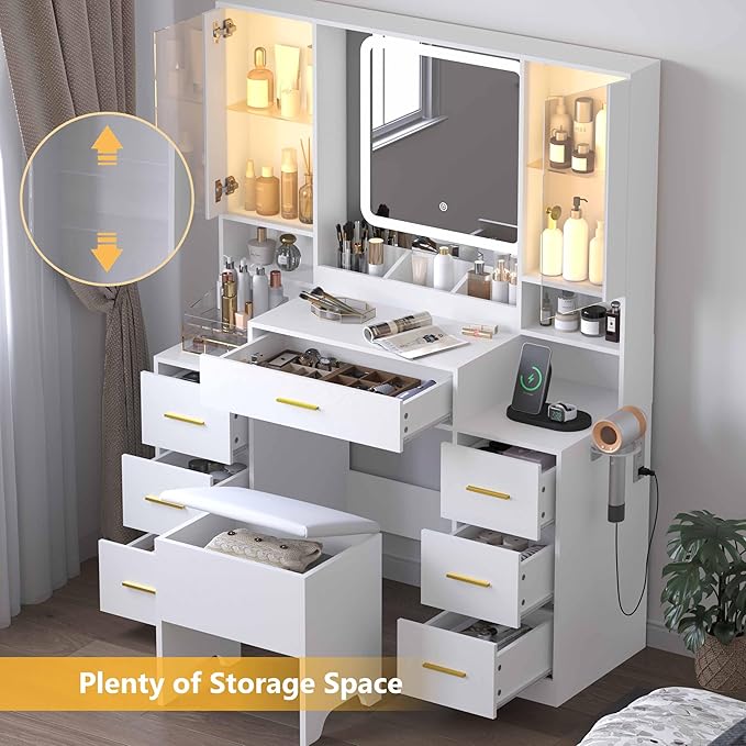 White Makeup Vanity Desk with Mirror & Lights, Modern Vanity Table with Charging Station, 7 Drawers, Glass Cabinet, Shelves & Cushioned Stool, Bedroom Dressing Table Set for Women & Girls