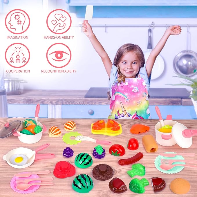 Kids Play Kitchen Accessories Set, Pretend Kids Pots and Pans Playset Toddler Cooking Set Play Kitchen Toys with Fake Play Food Dishes Utensils for Girls Boys Ages 1 2 3 4 5 6 7 8, Pink