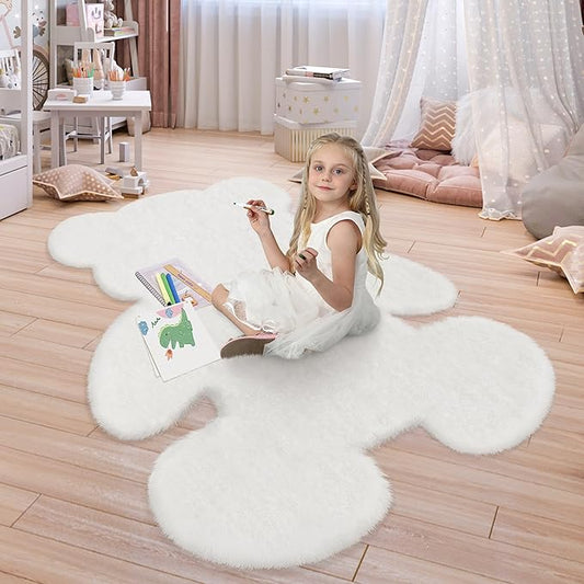 4.6x6 ft White Bear Soft Fluffy Large Rug, Shaggy Faux Sheepskin Fur Rug Fuzzy Shag Area Rug Cute Plush Carpet for Nursery Kids Girls Bedroom Room Aesthetic Living Room Floor Home Decor, White