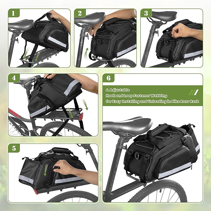 Bike Rear Rack Bag, Pannier Bags for Bicycles with 12L Capacity, Bike Trunk Cooler Bag with Reflective Strips, Reinforced Handle and Removable Shoulder Strap