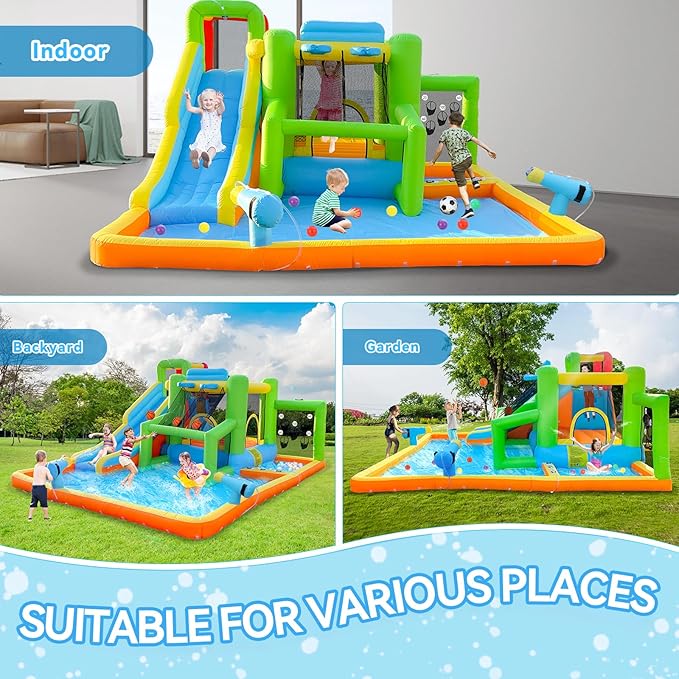 FBSPORT Inflatable Bounce House Water Slide, Bounce House for Kids Indoor Outdoor Bouncy House with 550W Blower, Bounce Castle with Slide Ball Shooting, Water Gun, Splash Pool, Bounce Area, Hose