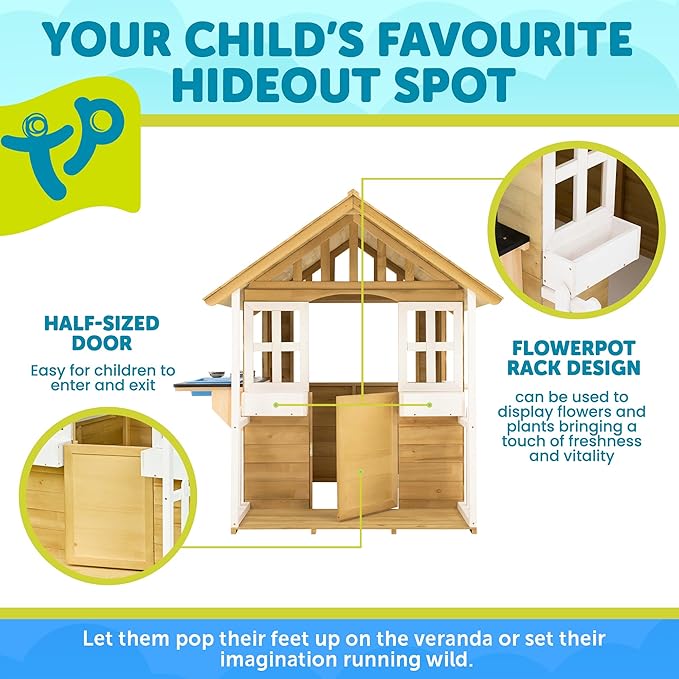 Outdoor Kids Kitchen Playset Wooden Playhouse for Kids - Toddler Pretend Play Kitchen, Accessories, Sturdy, Weatherproof, Door, Windows, Sink, Wood Burner Stencils, Easy Assembly, Ages 3+