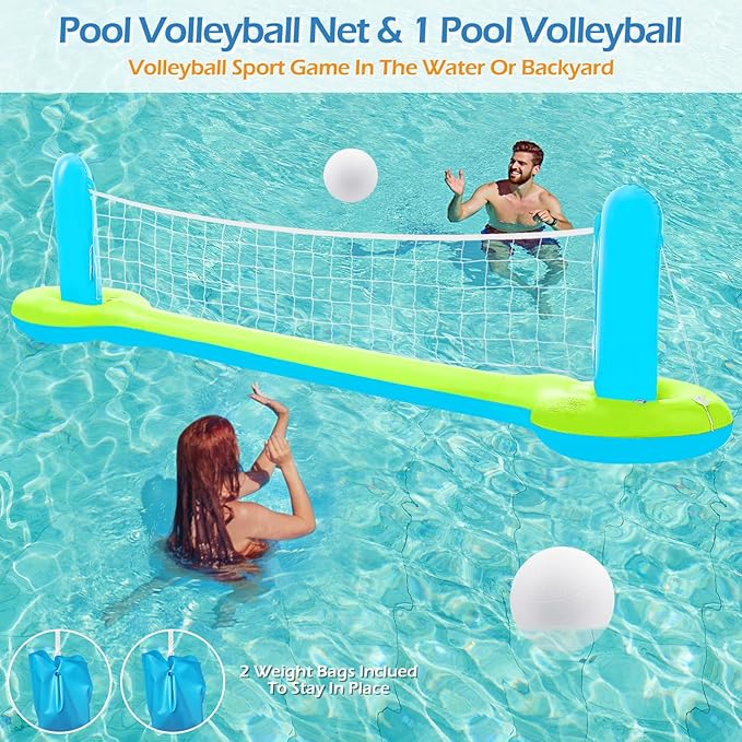 Jasonwell Pool Toys Games Set - 3 in 1 Pool Volleyball Net Basketball Hoop Ring Toss Game Inflatable Floats Water Floating Volleyball Swimming Pools Party Game Accessories Toy Gift Kids Teens Adults