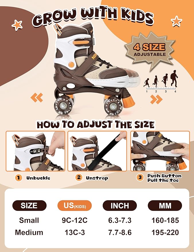 NEMONE Roller Skates for Boys Kids Ages 4-6 5-8 6-12 8-12 with 4 Sizes Adjustable Light up Wheels, Todder Beginner Rollerskates Indoor Outdoor Sports