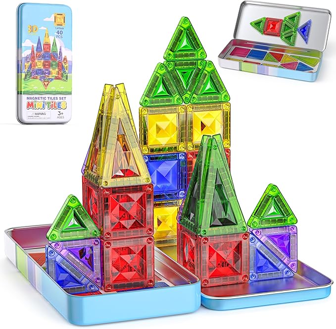 Mini Magnetic Tiles for Kids, Sparkling Diamond Travel Magnet Tiles with Metal Case, STEM Educational Magnet Blocks, Portable Construction Magnet Toys for Boys and Girls, 26PCS