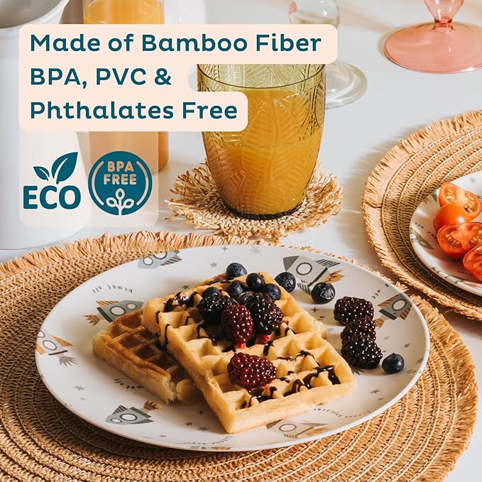 Nook Theory 4 Pack Reusable Bamboo Plates - Non-Toxic Toddler and Kids Plate, Dishwasher Safe, Not Microwavable Dinnerware (Space 8")