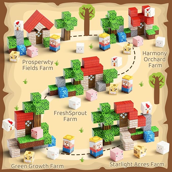 Magnetic Tiles Farm Animals Travel Toys, 35PCS Magnetic Blocks for Kids Ages 3-8, Portable STEM Building Cubes with Metal Storage Box, Toddler Learning Toys for Ages 3-5