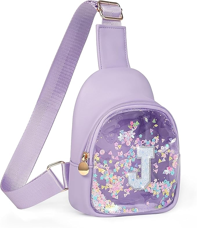COSHAYSOO Purple Flower Girl Gifts 3-5 4-6 5-7 Toddler Girls Purse Kids Sling Bag Crossbody, Fashion Unique Personalized Christmas Halloween Thanksgiving Day Present Ideas Monogram Initial Letter J