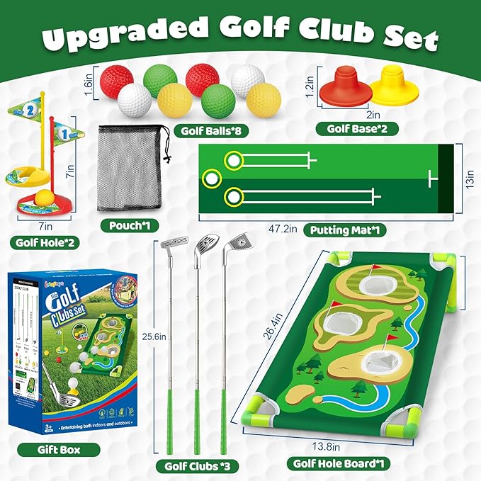 Toddler Golf Set, Golf Clubs Length Adjustable with Mat & Golf Cornhole, Upgraded Kids Golf Clubs with 8 Balls, Indoor & Outdoor Sports Toys Birthday Gifts for 3 4 5 6 Years Old Boys Girls