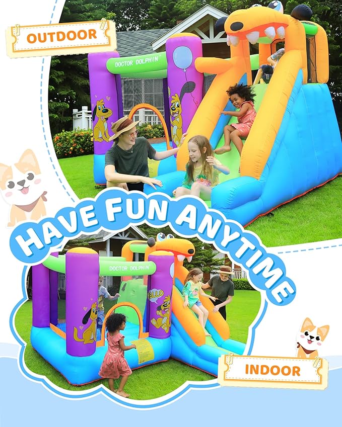 Doctor Dolphin Bounce House Slide with Blower Bounce House for Kids 5-12 Bounce House for Kids, Jumping Bouncy Castle with Puppy Slide Outdoor, Inflatable Bouncer with Blower