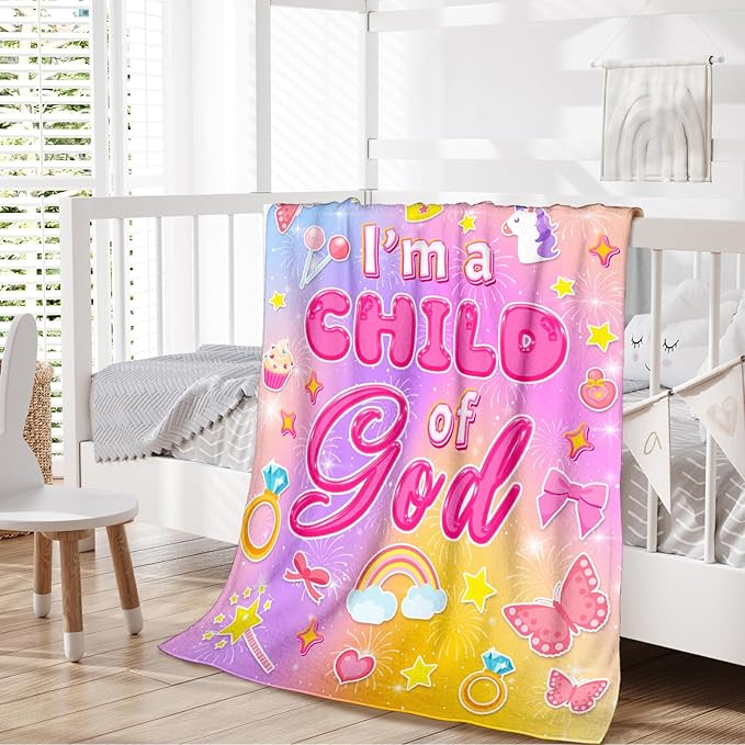 Christian Blanket for Girls, I am a Child of God Throw Blanket Gifts for Kids Girls Age 4-6, 40"x50" Cozy Fuzzy Pink Cute Flannel Inspirational Blankets Gift Throws for Couch Sofa Bed Decor