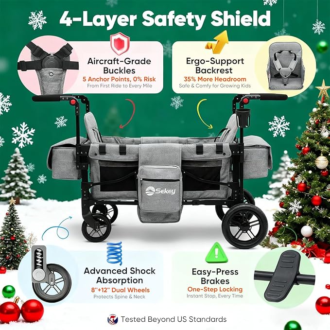Sekey Wagon Stroller for 2 Kids, Luxury 4-in-1 Stroller Wagon - Premium Quality with Convertible Seats, Adjustable Push Handles, Removable Canopy, Snack Tray & Cooler, US Certified. Gray