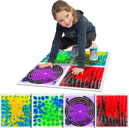Textured Sensory Liquid Tiles - Set of 4 Square Lava Stone Floor Tiles for Sensory Mats Ages 3 to Adult, 12" x 12", Multicolor Textured Sensory Lava Set.
