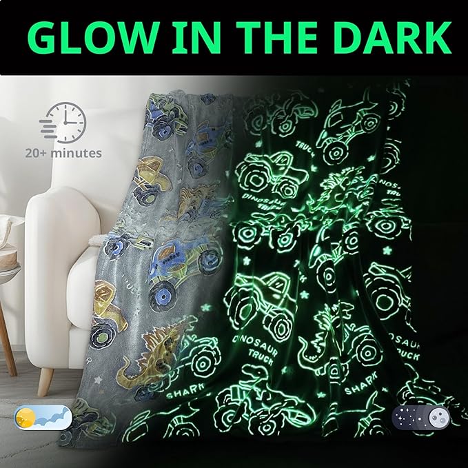 Wesan Dinosaur Glow in The Dark Blanket Boys Dino Toys Kids Shark Truck Toy for Teens Children Birthday Easter Gift Fun Fluffy Plush Throw Gray 50"x60"