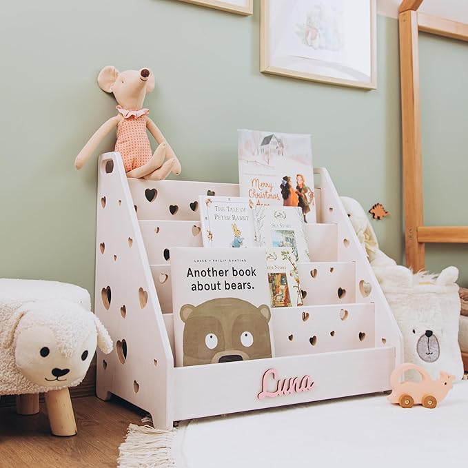 Personalized Montessori Bookshelf for Toddlers, Handmade Wooden Kids Book Organizer, Nursery and Playroom Storage, Custom Name Gift for Baby Shower or Birthday