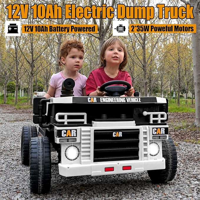 12V 10AH 2-Seater Kids Ride on Truck Electric Toy Car with Electric Dump Bed, Parents Remote Control Kids Car Tractor Toys Ride-on Dump Truck for Boys and Girls Ages 3+, White